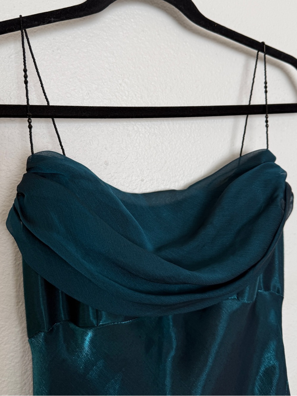 Y2K Dark Teal Satin Cowl Neck Midi Dress Beaded Strap Formal - Picture 10 of 13